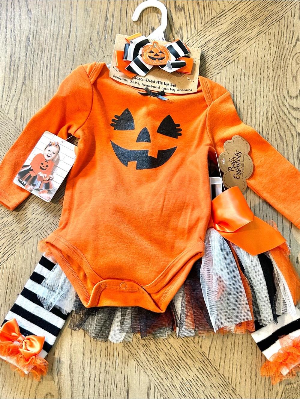 Orange Pumpkin Face Baby Girls Halloween Costume Bodysuit Set
